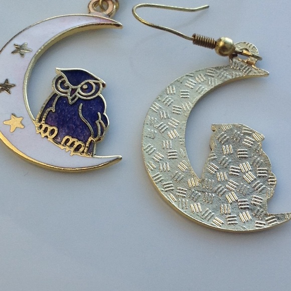 Vintage Cloisonne owl moon dangle drop earrings - Picture 3 of 3